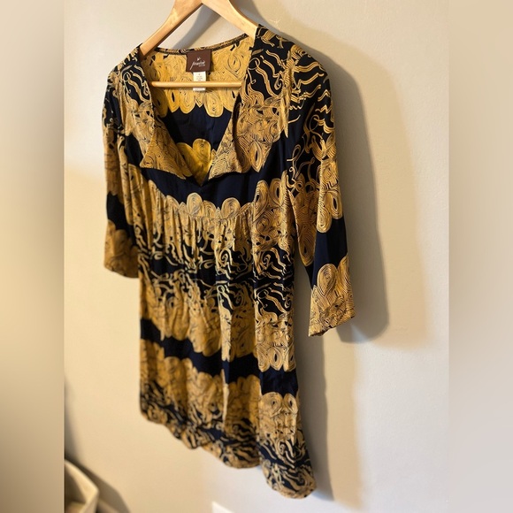 Vintage 2000s Prairie New York Gold Navy Tunic Dress Silk Lycra Large - Picture 2 of 6